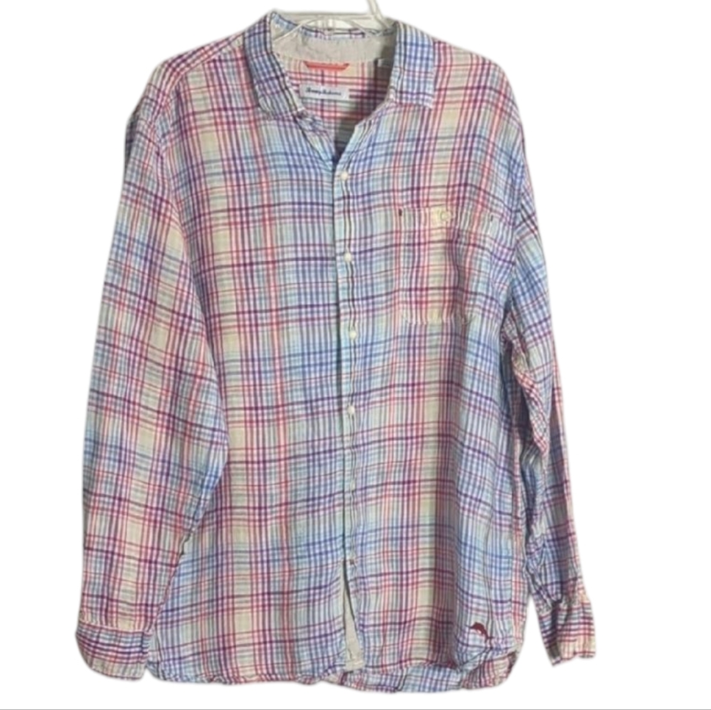 Tommy Bahama Mens Button Down Shirt 100% Linen Rainbow Plaid Beach Travel XL